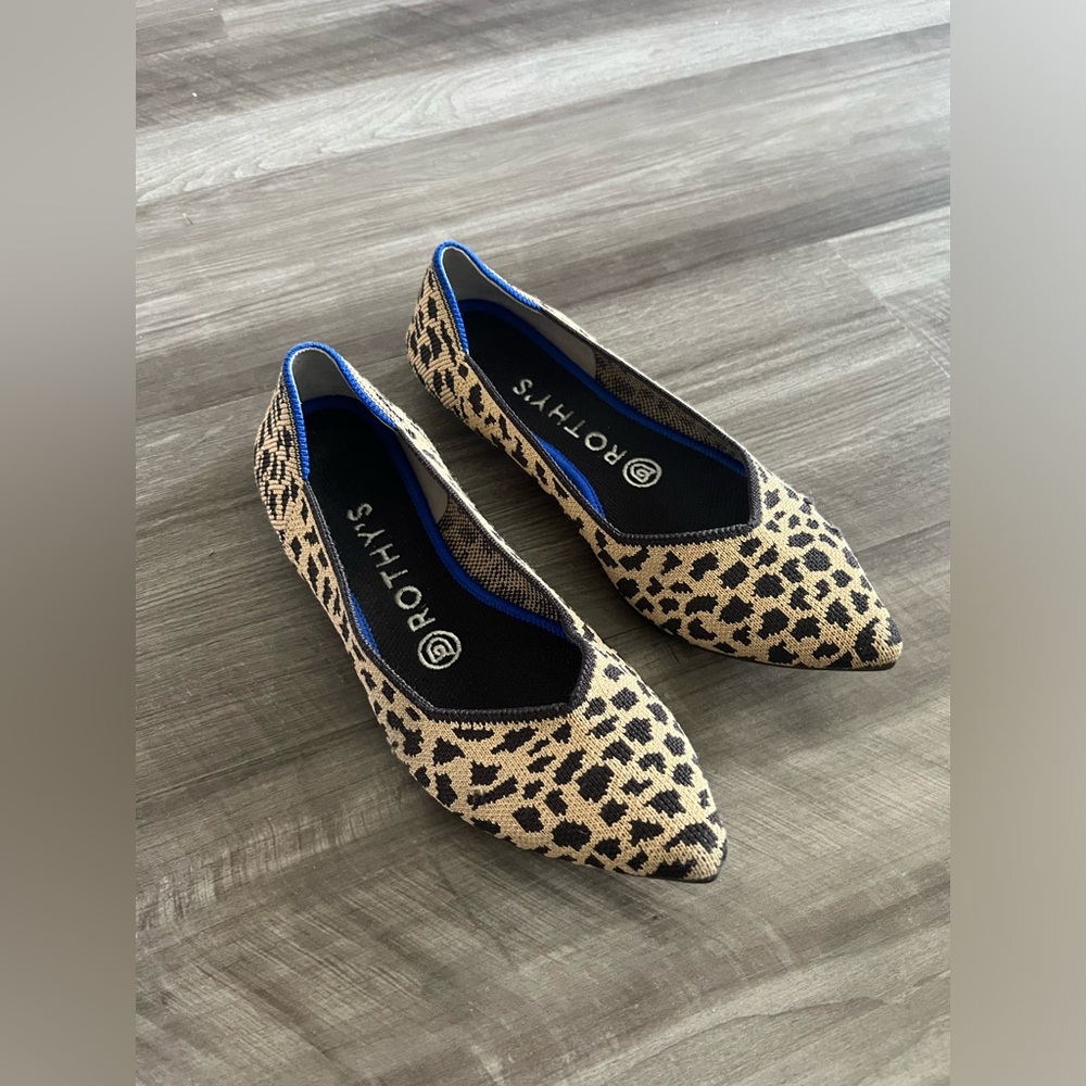 Rothy's Leopard Print Pointed Toe Flats in Tan and Black